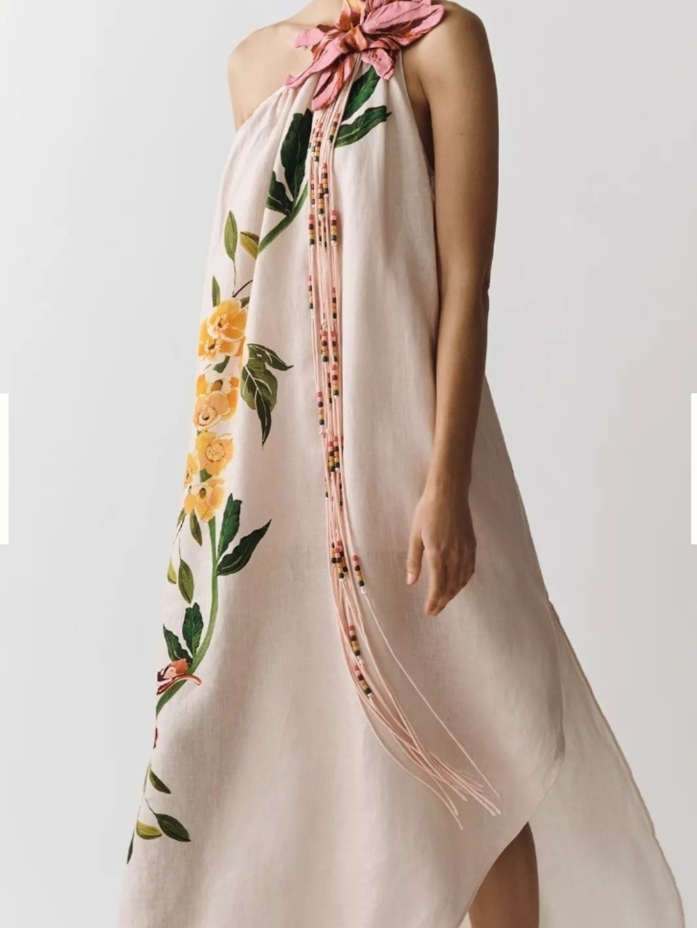 FARM Rio Pink One-Shoulder Floral Midi Dress with Beaded Tassel